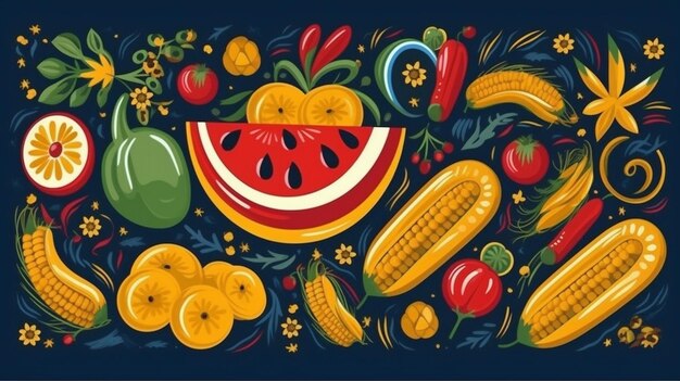 A colorful illustration of a variety of fruits and vegetables generative ai