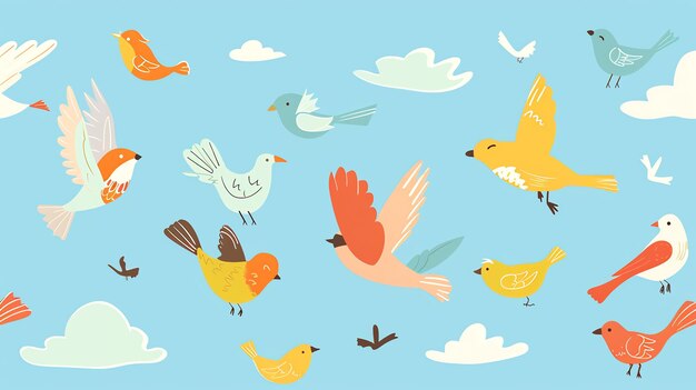 Photo a colorful illustration of various cartoon birds flying in a blue sky with white clouds