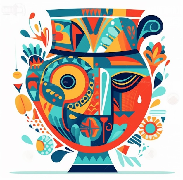 A colorful illustration of a vase with a face on it.