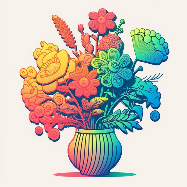 A colorful illustration of a vase with flowers