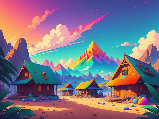 A colorful illustration of a village with a mountain in the background.