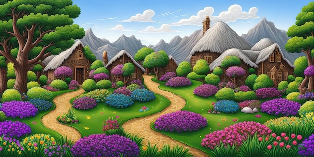 A colorful illustration of a village with a road leading to it and mountains in the background.