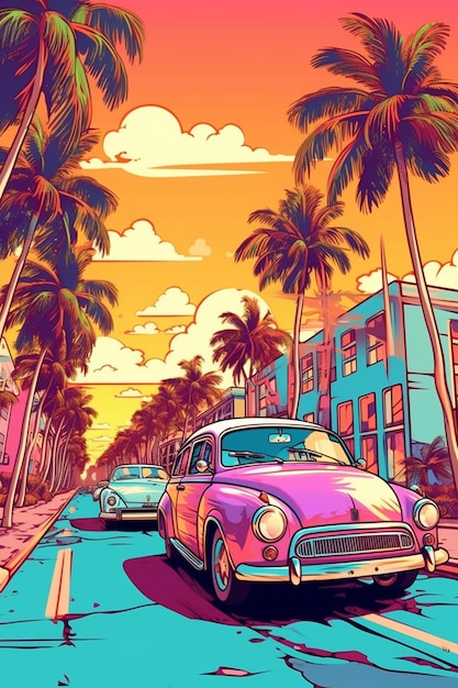 a colorful illustration of a vintage car with palm trees in the background.