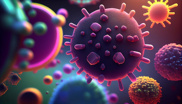 A colorful illustration of a virus and a bacteria