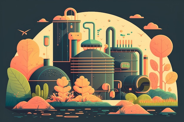 Colorful illustration of a wastewater treatment plant with a focus on the biological purification