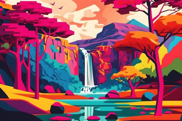 A colorful illustration of a waterfall in a forest.