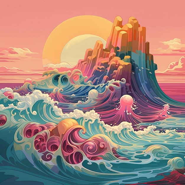 A colorful illustration of a wave with a large octopus on it.