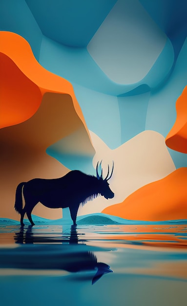 A colorful illustration of a wildebeest in a waterhole.