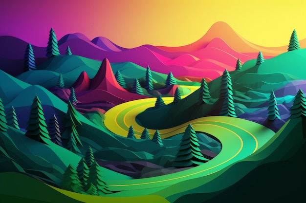 A colorful illustration of a winding road with mountains in the background.