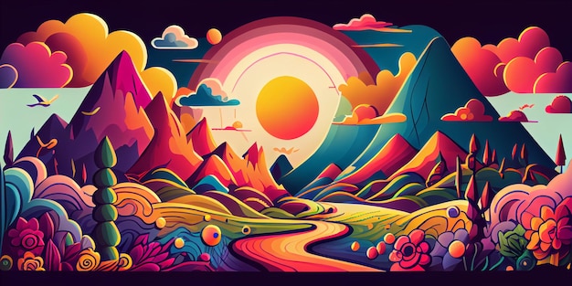 A colorful illustration of a winding road with mountains and sun in the background.