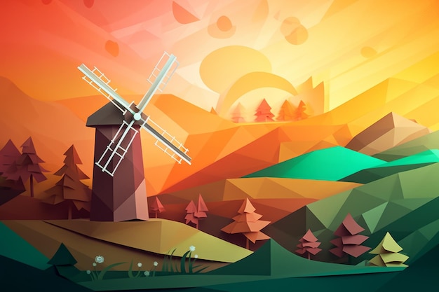 A colorful illustration of a windmill in a field.