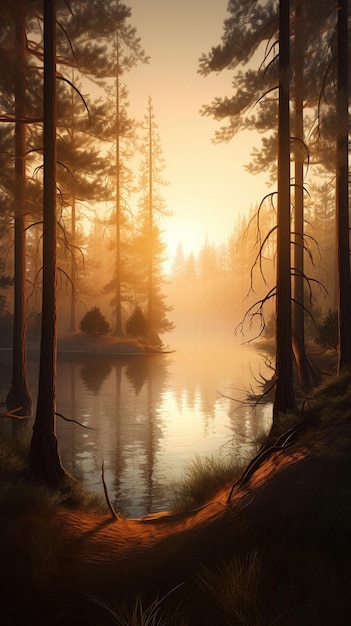 Colorful illustration with a landscape of a forest lake