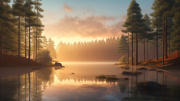 Colorful illustration with a landscape of a forest lake