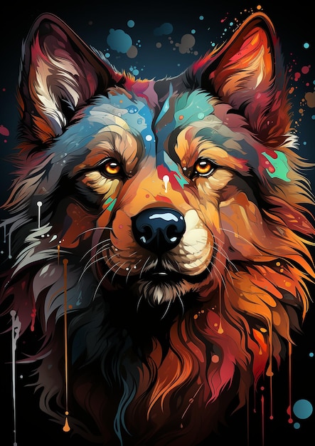Colorful Illustration of Wolf head on black background TShirt Art vector