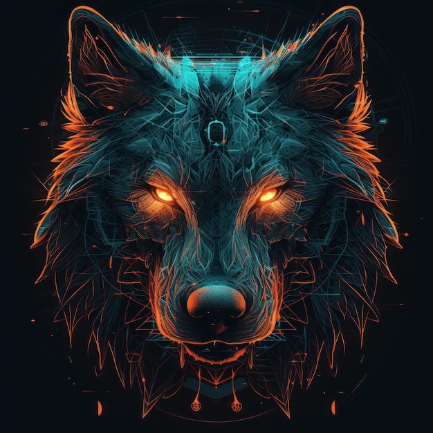 A colorful illustration of a wolf with a head and a halo around it.