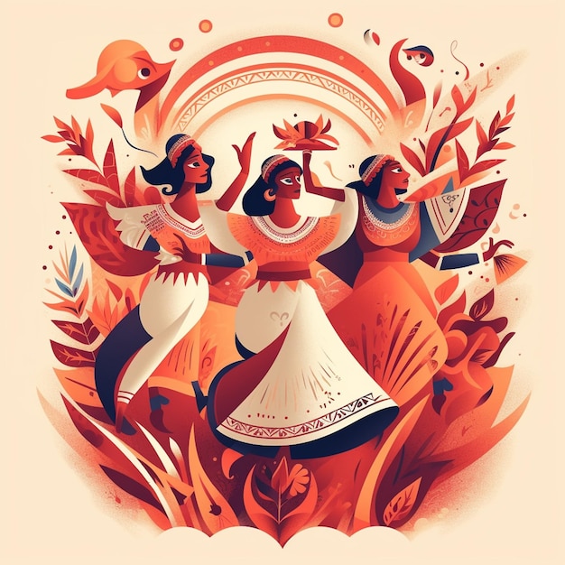 A colorful illustration of a woman dancing with a bird on her head.