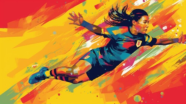 A colorful illustration of a woman kicking a soccer ball