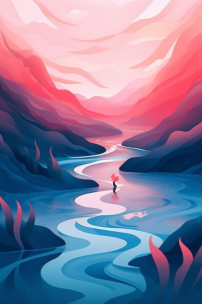 A colorful illustration of a woman in a river with a red umbrella.