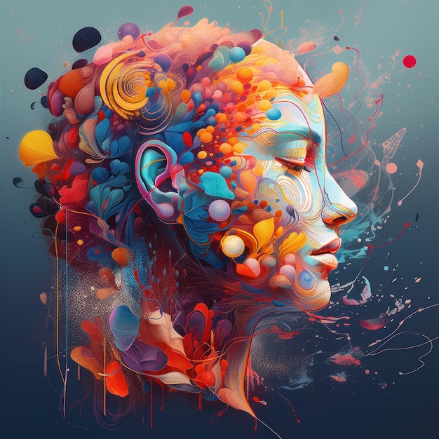 A colorful illustration of a woman's face with many colors and a lot of paint.