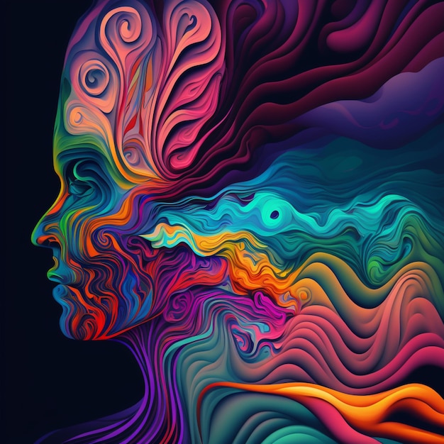 A colorful illustration of a woman's face with the word mind on it.