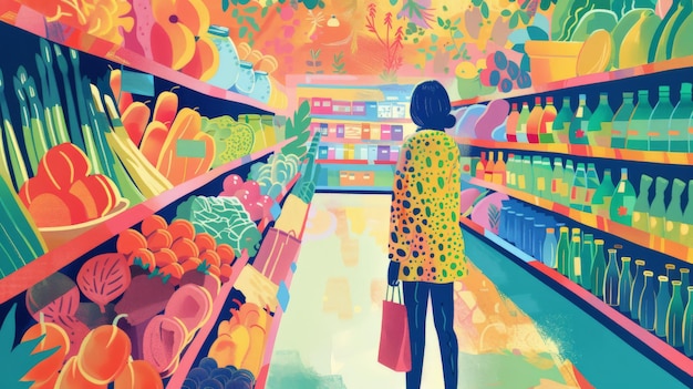 Colorful illustration of a woman shopping in a vibrant supermarket aisle Modern stylized