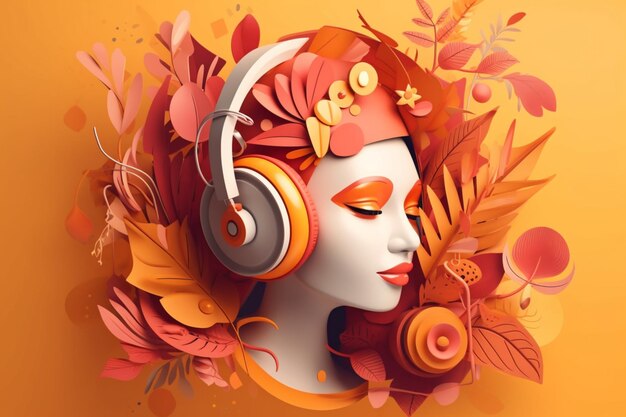 A colorful illustration of a woman wearing headphones with leaves around her