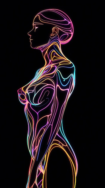 A colorful illustration of a woman with a black background.