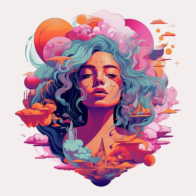 A colorful illustration of a woman with blue hair and a cloud on her head Vector Art