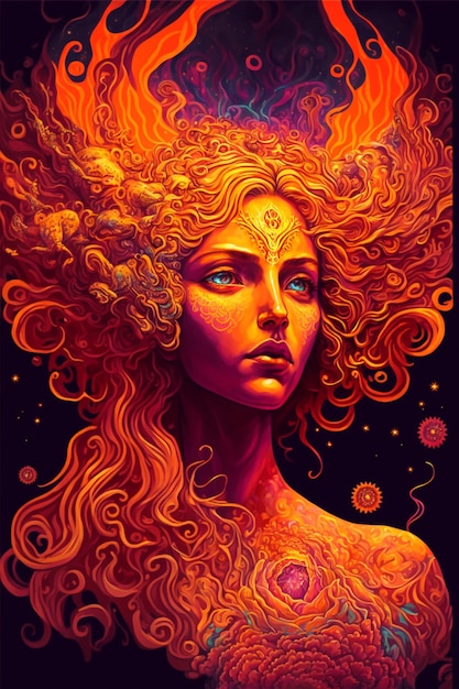 A colorful illustration of a woman with a phoenix head and a sun in the middle.