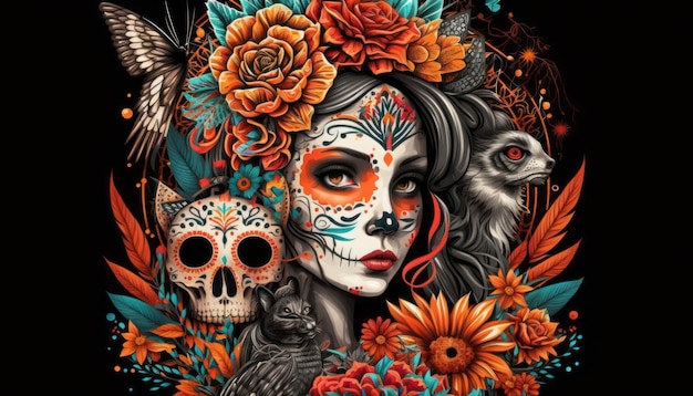 Photo a colorful illustration of a woman with a skull face and flowers.