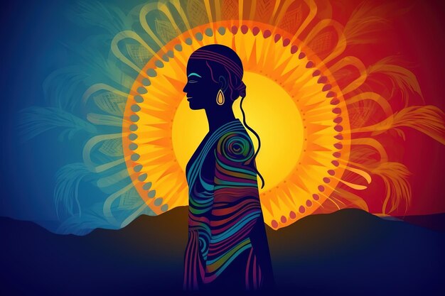 A colorful illustration of a woman with the sun in the background