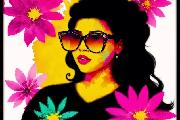 A colorful illustration of a woman with sunglasses and flowers