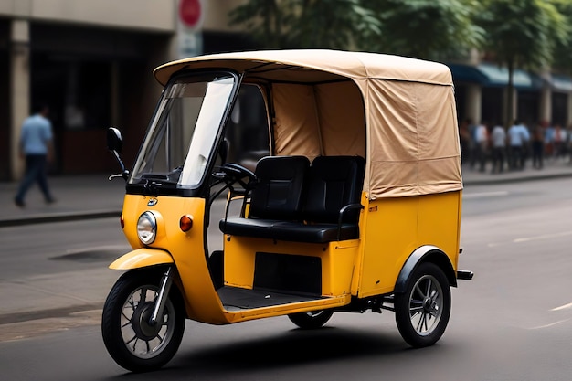 Photo a colorful illustration of a yellow motorcycle rickshaw on a white background