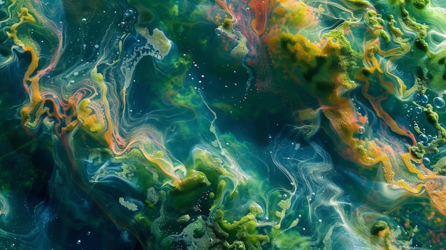 A colorful image of a biofilm formed by cyanobacteria growing on the surface of a submerged rock