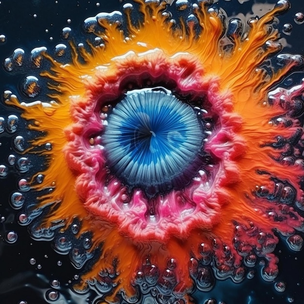 a colorful image of a blue eye with orange and yellow colors.