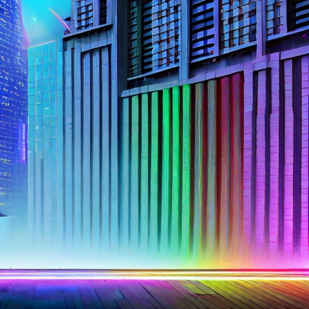 A colorful image of a building with a rainbow on the side.