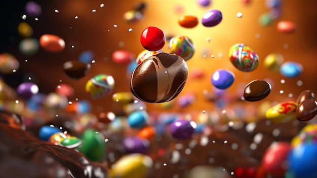 A colorful image of a bunch of colorful chocolates falling from the ground.