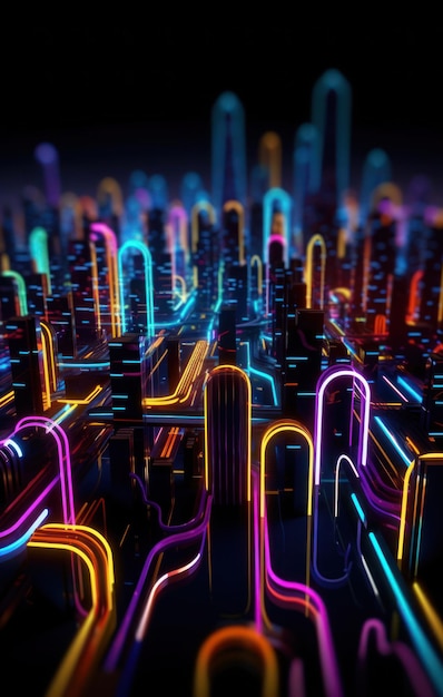 A colorful image of a city with neon lights.