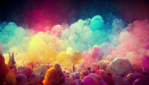 A colorful image of a cloud of powder and a tree with a pink and yellow background.