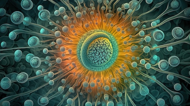 A colorful image of a coral with a large orange and yellow ball on the center.