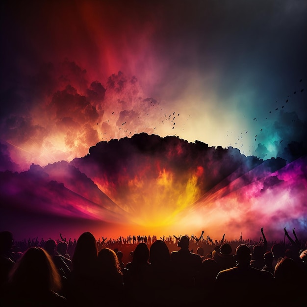 A colorful image of a crowd at a concert with the sun shining on the sky