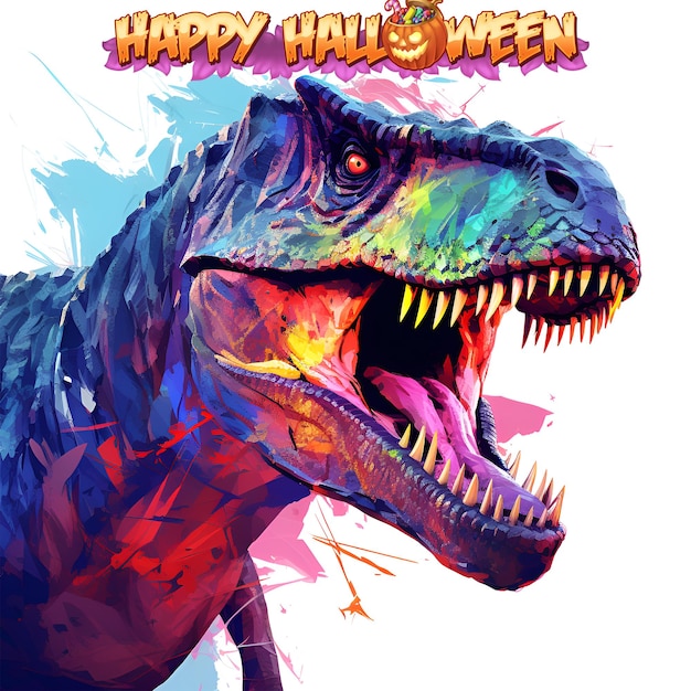 A colorful image of a dinosaur with the mouth open and the words t rex on the front