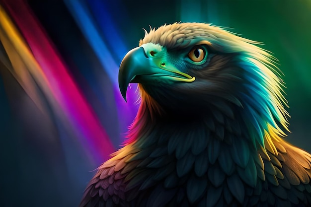 A colorful image of an eagle with a blue eye and a yellow eye.