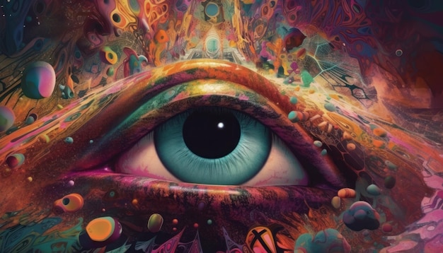 A colorful image of a eye with many colors and a black eye.