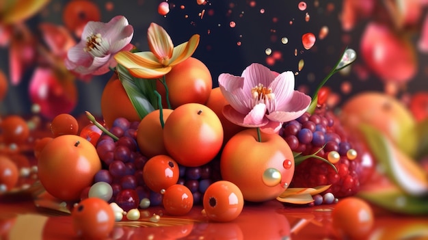 A colorful image of fruit and flowers