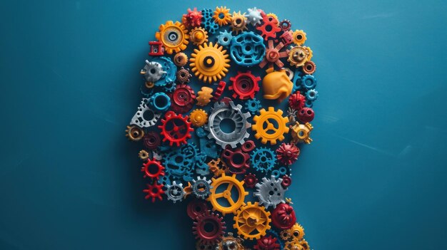 A colorful image of a head with gears and wheels inside ai