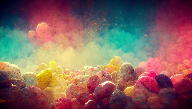 A colorful image of a heart shaped pile of colorful powder.