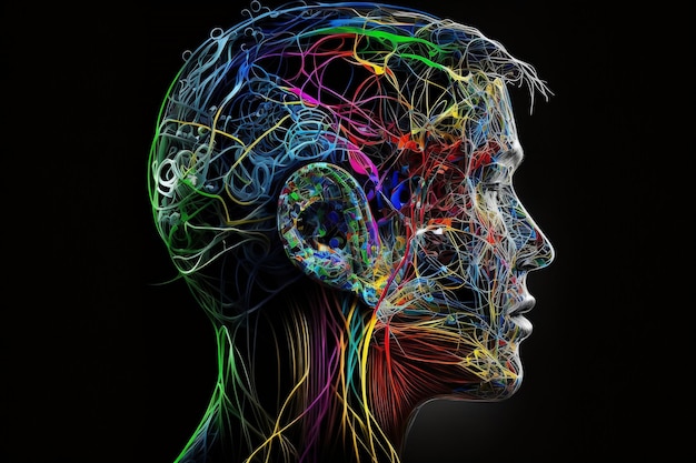 A colorful image of a human head with wires veins and lines