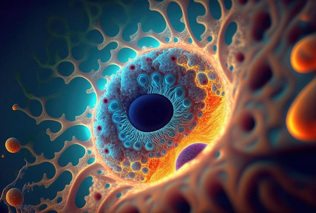 A colorful image of a large, blue and orange design with a large eye and a large black eye.