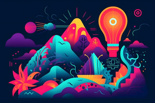 Photo colorful image of light bulb in the middle of mountain range generative ai